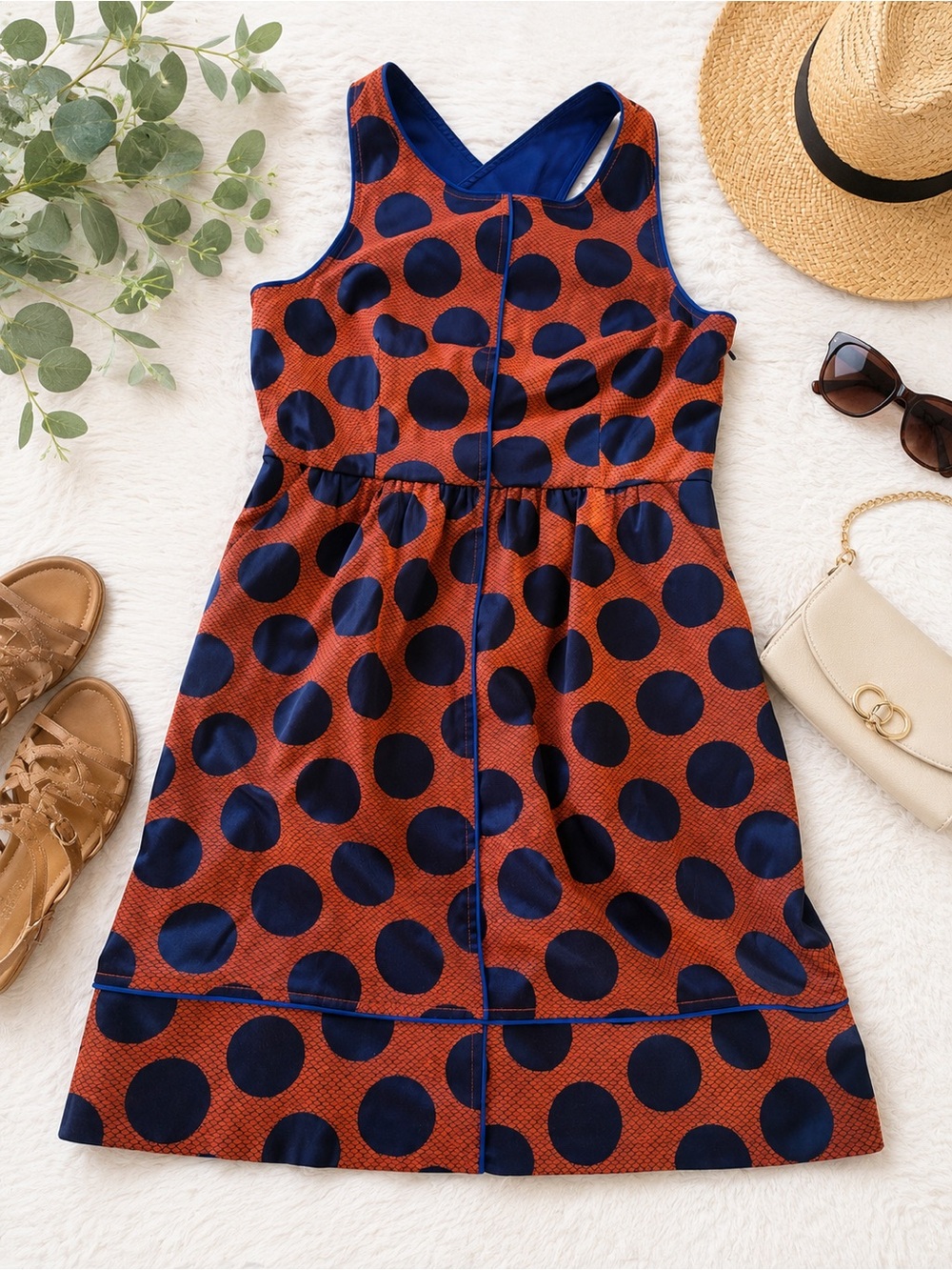 Maeve Anthropologie Rust & Navy Polka Dot Fit & Flare Dress | Size 10